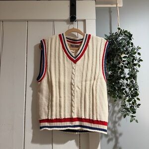 Urban Outfitters Cream Cable Knit V-Neck Sweater Vest with Red & Navy Trim